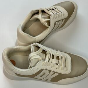 DKNY Oaks Logo Women’s Bone Ivory Gold Lace Up Sneakers Metallic Sz 7 NEW